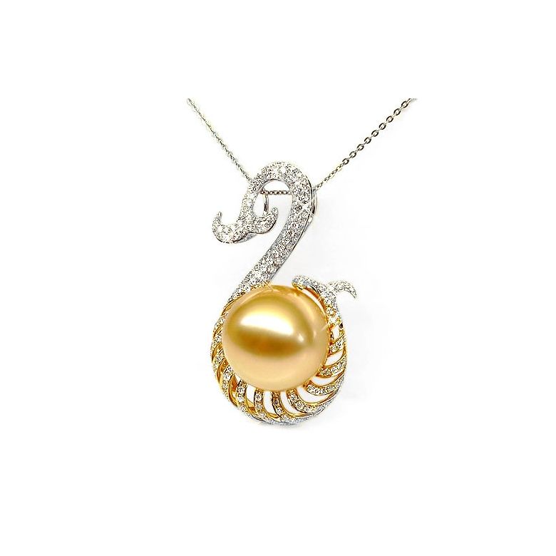 Pendentif faune aquatique - Perle d'Australie dorée - Or, diamants or blanc - 2