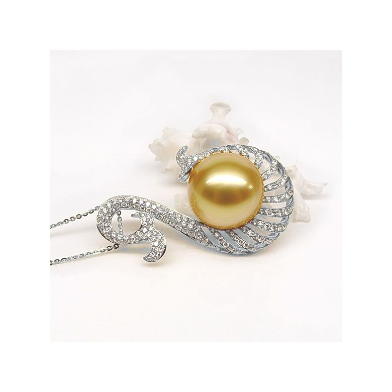 Pendentif faune aquatique - Perle d'Australie dorée - Or, diamants or blanc - 5