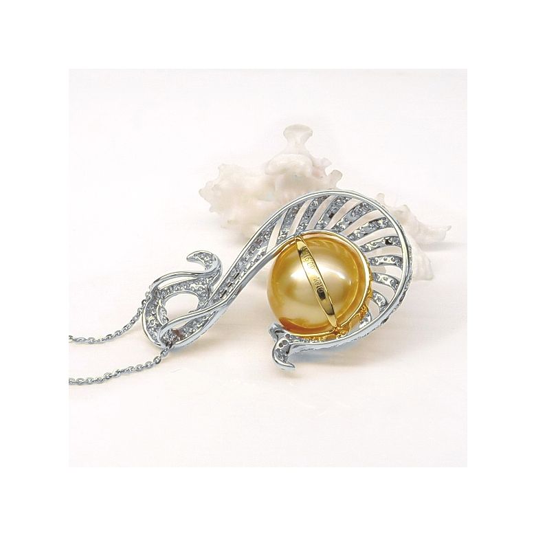 Pendentif faune aquatique - Perle d'Australie dorée - Or, diamants or blanc - 4
