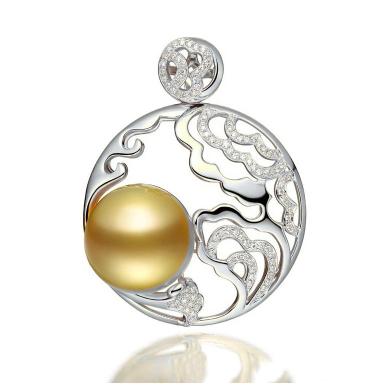 Pendentif fleur de pivoine - Perle d'Australie dorée or blanc - 1