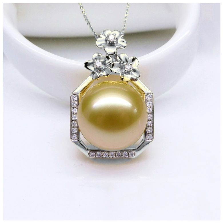 Pendentif parfum précieux -  Or blanc & diamants - Perle dorée - 7