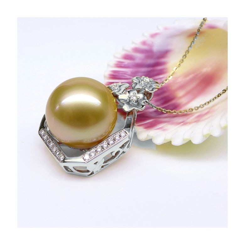 Pendentif parfum précieux -  Or blanc & diamants - Perle dorée - 8
