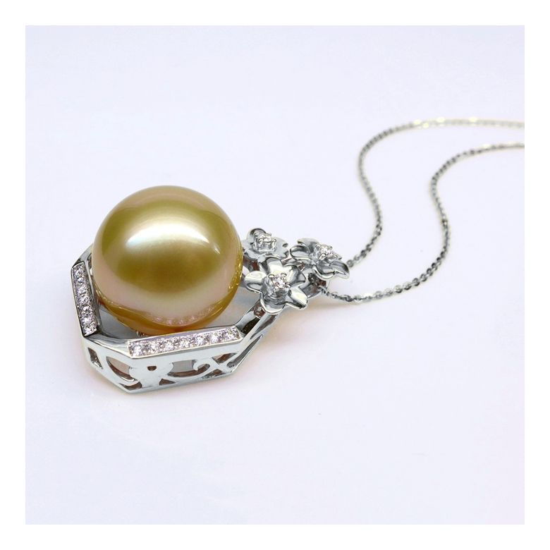 Pendentif parfum précieux -  Or blanc & diamants - Perle dorée - 9