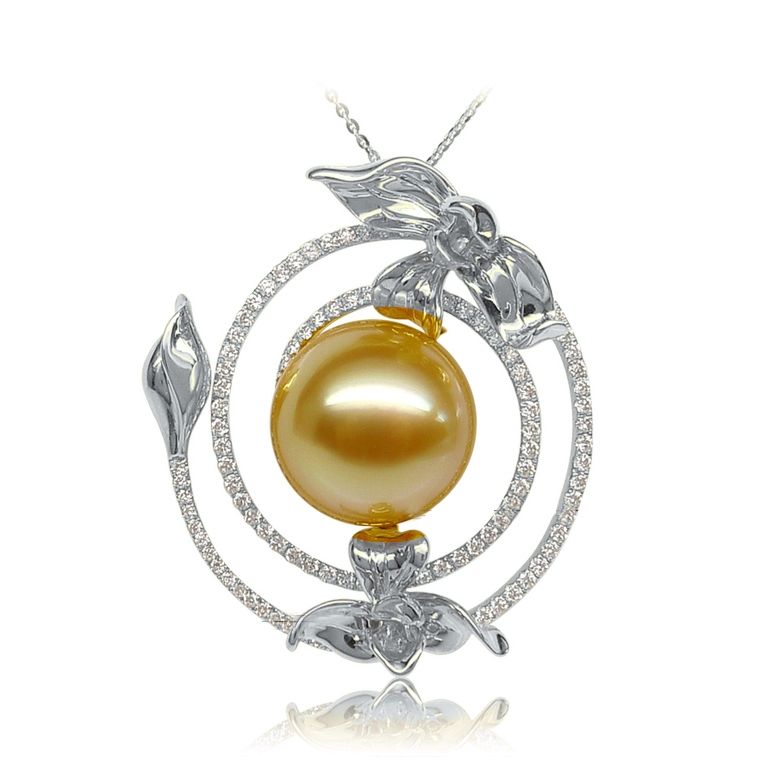 Pendentif orchidée sauvage - Perle dorée des mers du sud or blanc - 1