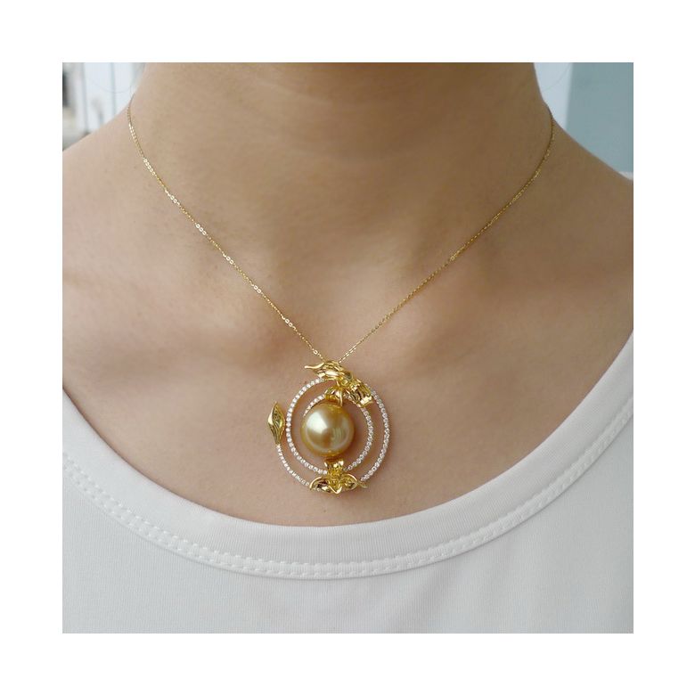 Pendentif orchidée sauvage - Perle dorée des mers du sud or blanc - 2