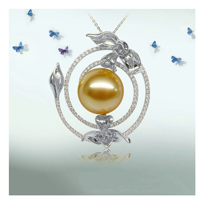 Pendentif orchidée sauvage - Perle dorée des mers du sud or blanc - 3