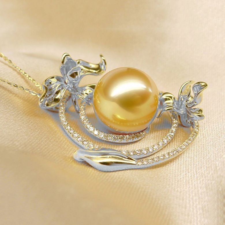Pendentif orchidée sauvage - Perle dorée des mers du sud or blanc - 4