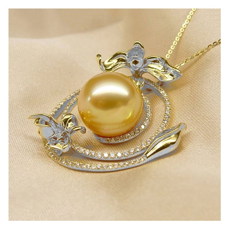 Pendentif orchidée sauvage - Perle dorée des mers du sud or blanc - 5