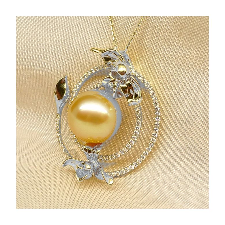 Pendentif orchidée sauvage - Perle dorée des mers du sud or blanc - 6