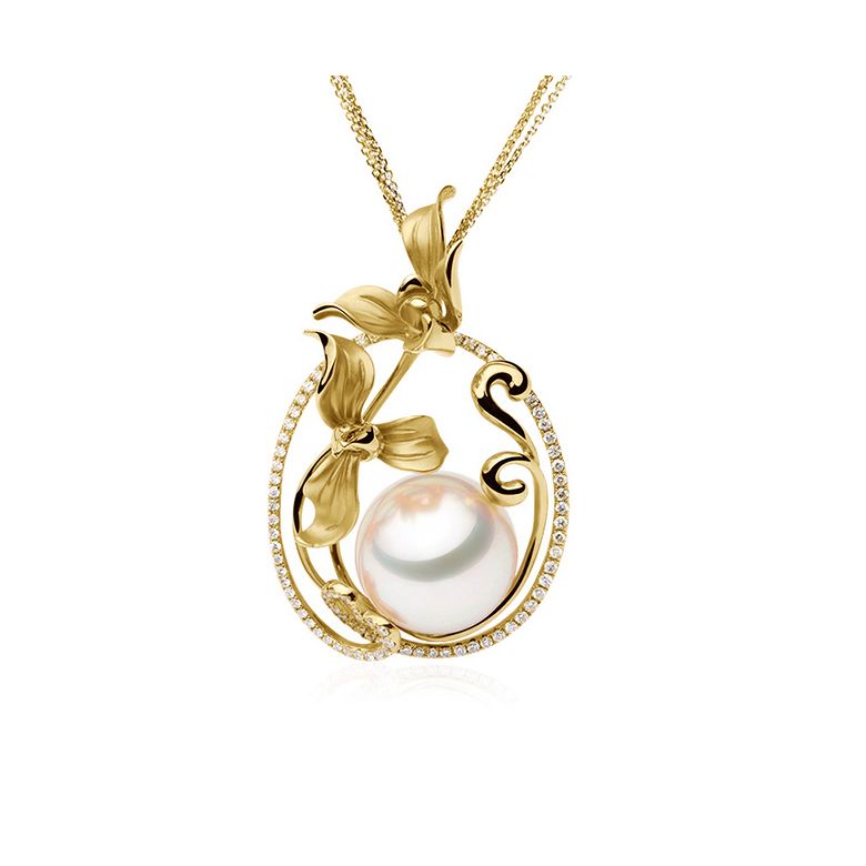 Pendentif Orchidée Or jaune, diamants et perle d'Australie  - 4