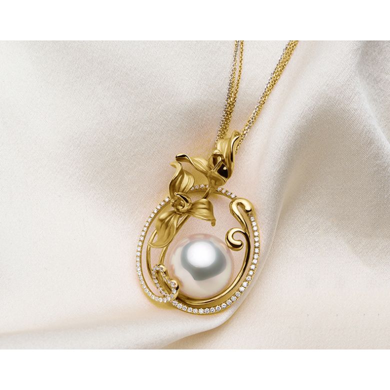 Pendentif Orchidée Or jaune, diamants et perle d'Australie  - 5