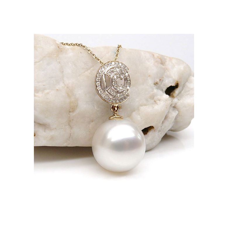 Pendentif 3C - Or jaune et diamants - Perle d'Australie blanche - 2