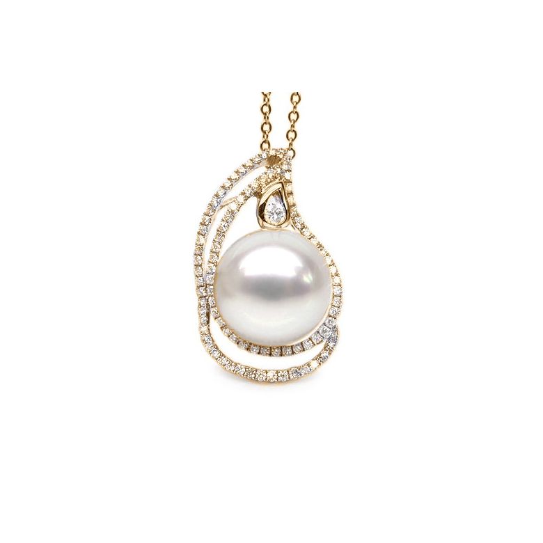 Pendentif goutte d'or jaune et diamants - Perle d'Australie blanche - 1