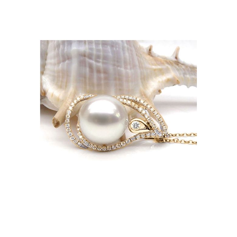 Pendentif goutte d'or jaune et diamants - Perle d'Australie blanche - 2