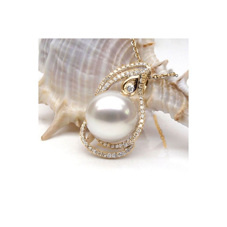 Pendentif goutte d'or jaune et diamants - Perle d'Australie blanche - 3