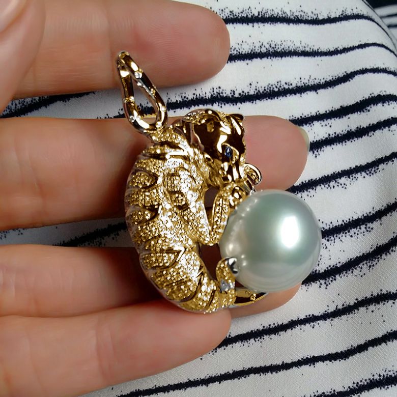 Pendentif Chat - Perle d'Australie, or, diamants - Kingdom of Animals or jaune - 5