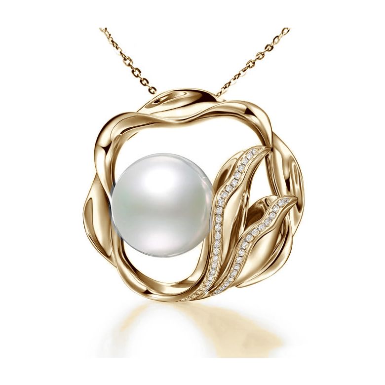 Pendentif fleur de lotus - Perle d'Australie, or jaune, diamants - 1