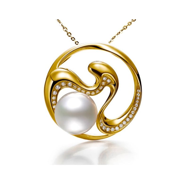 Pendentif fleur de pêcher - Perle d'Australie, diamants, or jaune - 1
