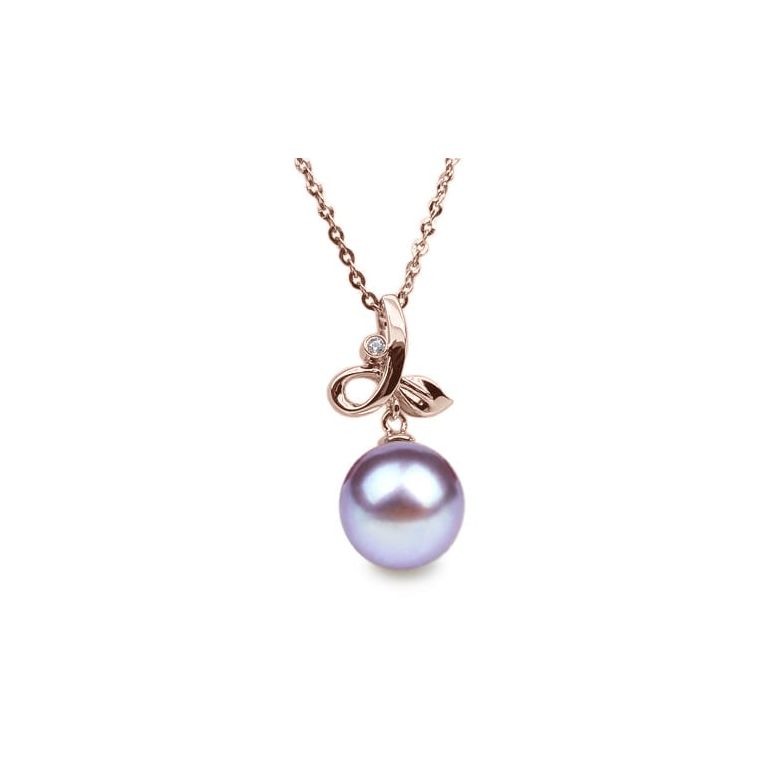 Pendentif Brindille. Perle lavande 10/10.5 mm, Diamants, Or rose - 1
