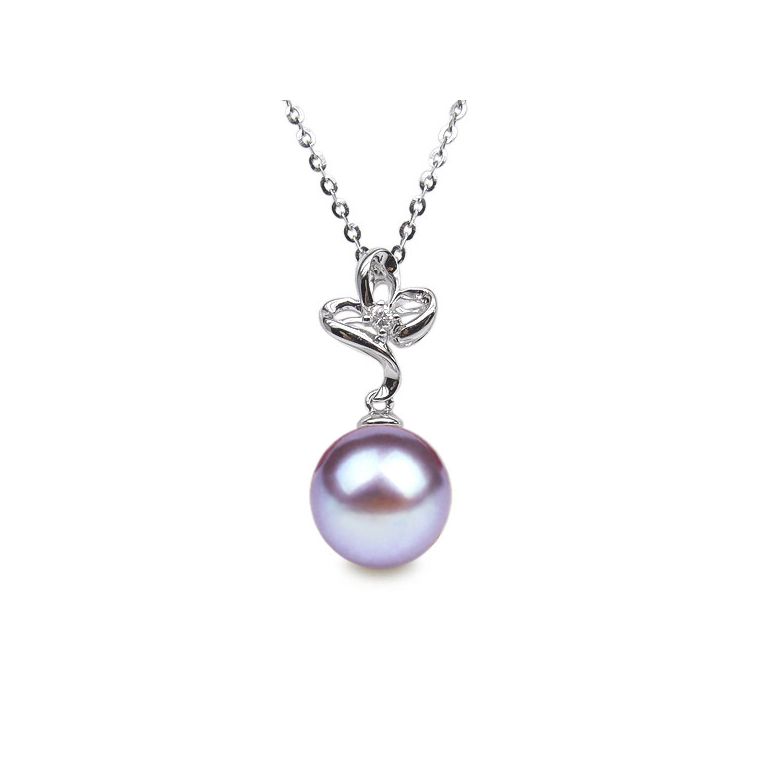 Pendentif Fleur romantique. Perle lavande 10/10.5 mm, Diamants, Or blanc - 1