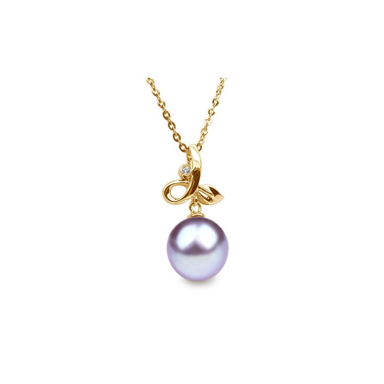 Pendentif Brindille. Perle lavande 10/10.5 mm, Diamants, Or jaune - 1