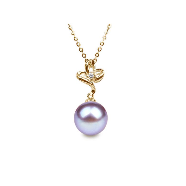 Pendentif Fleur romantique. Perle lavande 10/10.5 mm, Diamants, Or jaune - 1