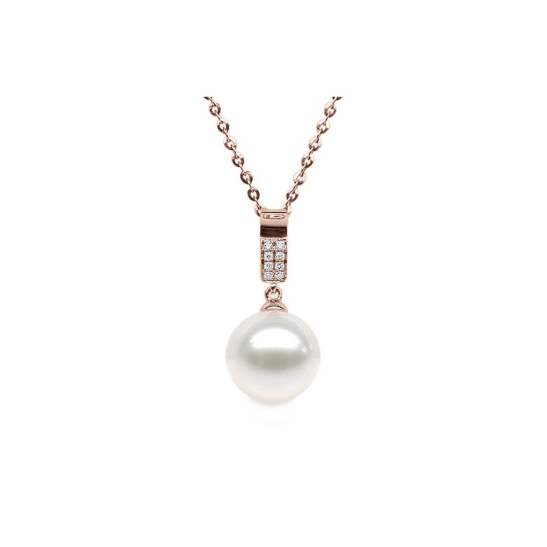 Pendentif moderne pavée de 8 diamants - Or rose, perle douce blanche - 1