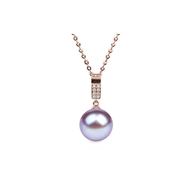 Pendentif moderne pavée de 8 diamants - Or rose, perle douce blanche - 8