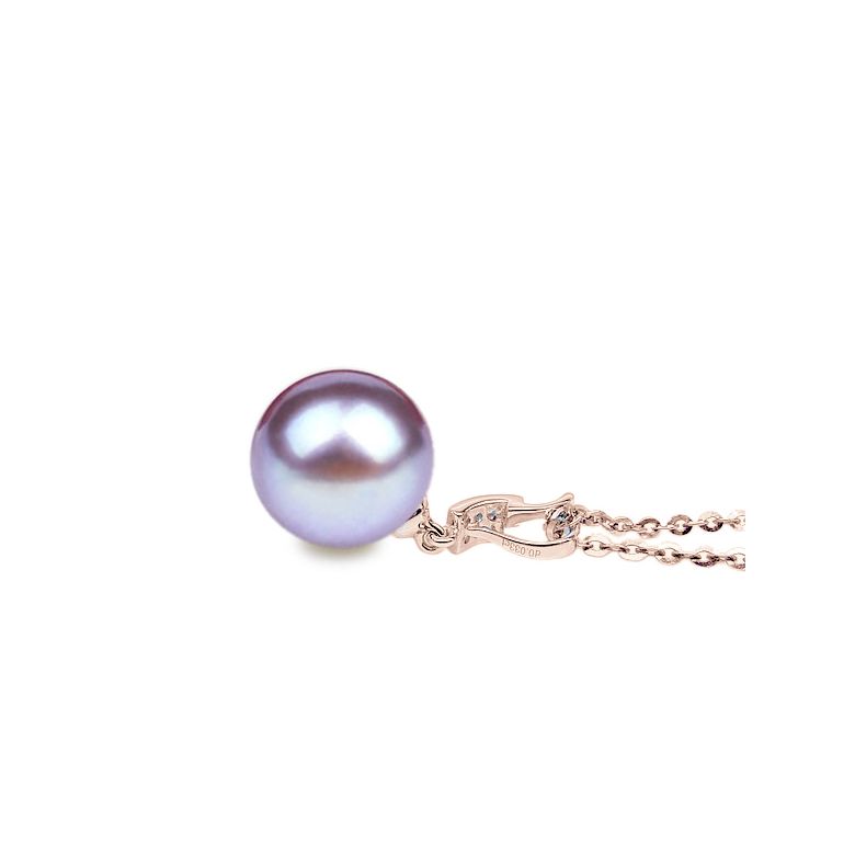 Pendentif moderne pavée de 8 diamants - Or rose, perle douce blanche - 9