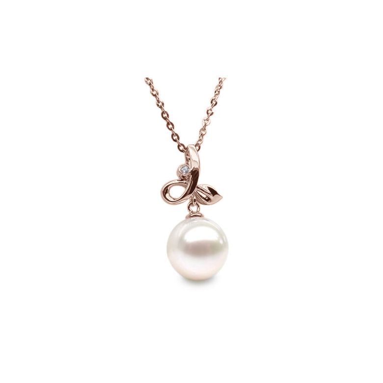 Pendentif brindille or rose diamant clos - Perle blanche de culture - 1