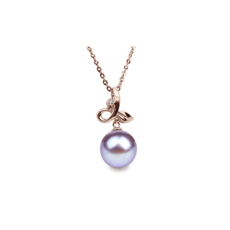 Pendentif brindille or rose diamant clos - Perle blanche de culture - 5