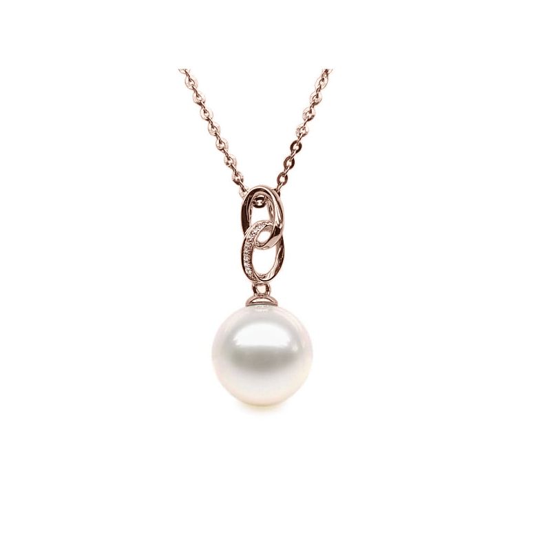 Pendentif 2 anneaux monté d'une perle blanche - Or rose, diamants - 1