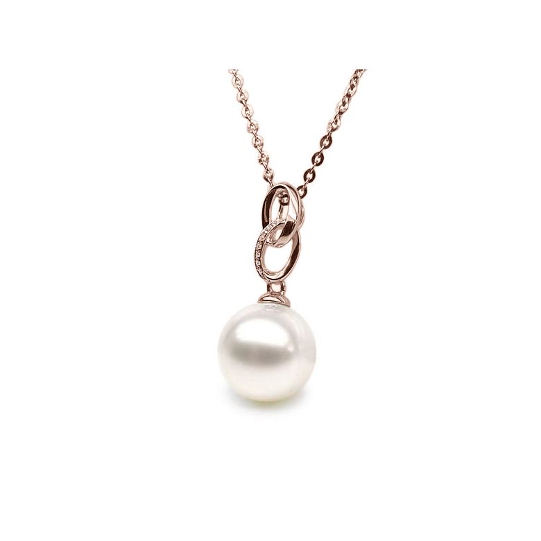 Pendentif 2 anneaux monté d'une perle blanche - Or rose, diamants - 2
