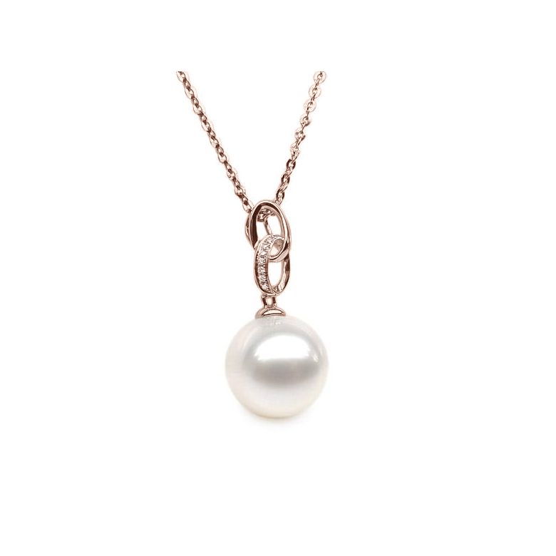Pendentif 2 anneaux monté d'une perle blanche - Or rose, diamants - 3