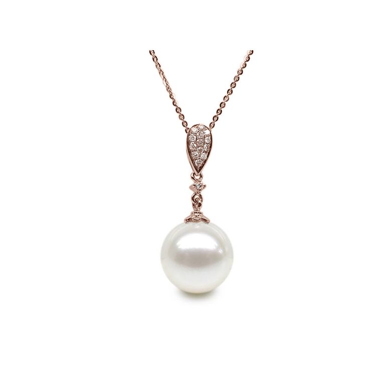 Pendentif goutte de diamants - Perle de culture blanche - Or rose - 1