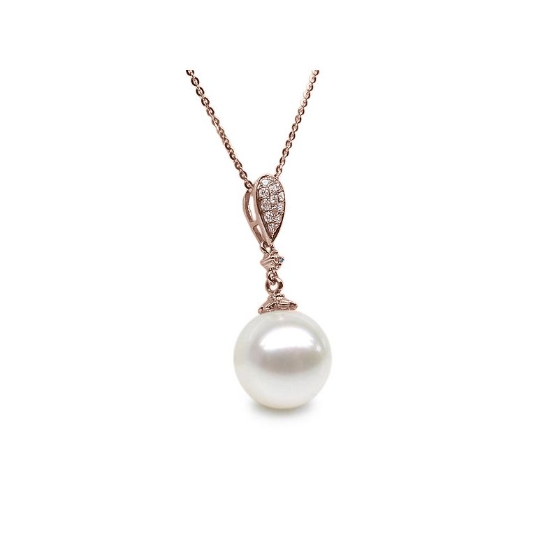 Pendentif goutte de diamants - Perle de culture blanche - Or rose - 2
