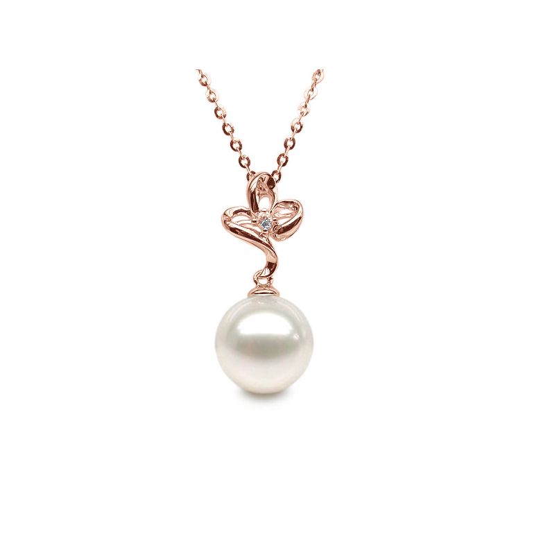 Pendentif or rose 3 pétales de fleur - Perle de culture, diamant - 1