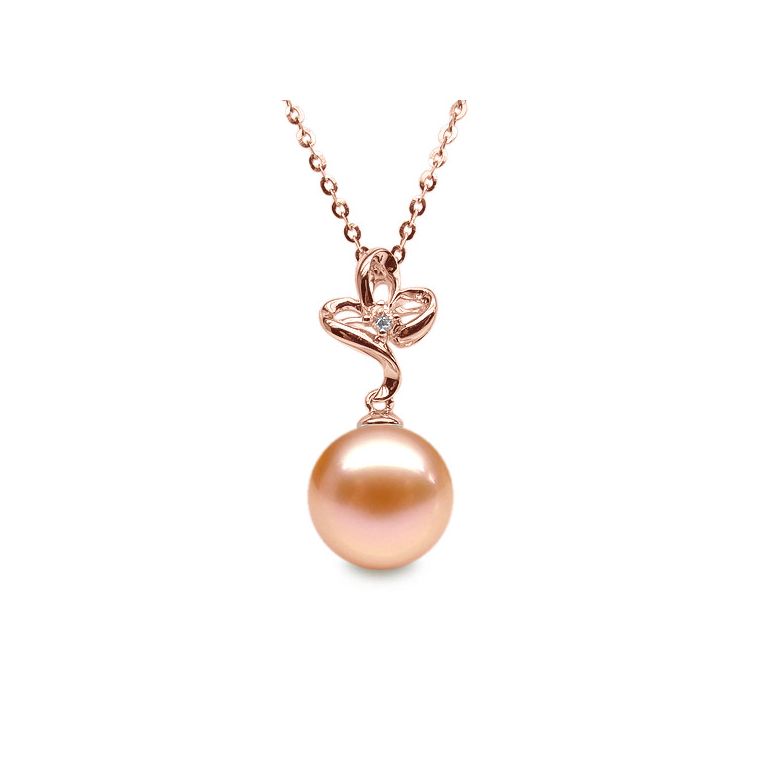 Pendentif or rose 3 pétales de fleur - Perle de culture, diamant - 7