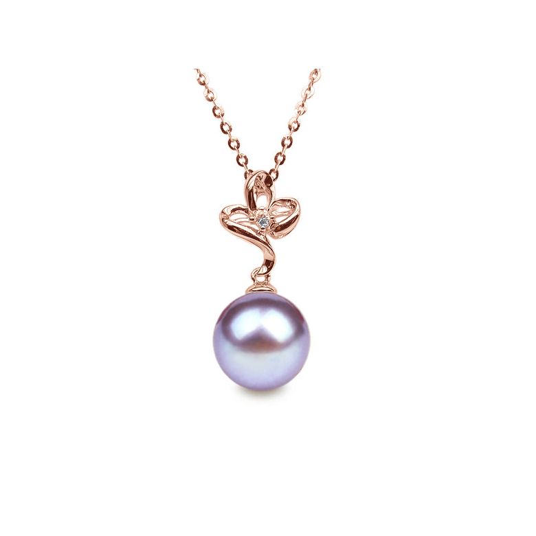 Pendentif or rose 3 pétales de fleur - Perle de culture, diamant - 9