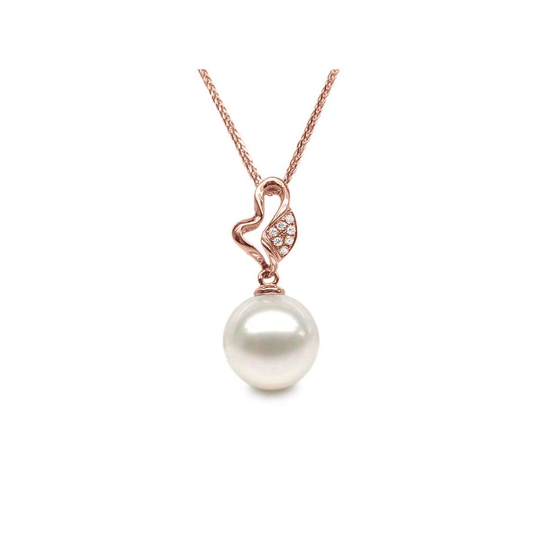 Pendentif jeune pousse printanière - Or rose et perle - 7 diamants - 1