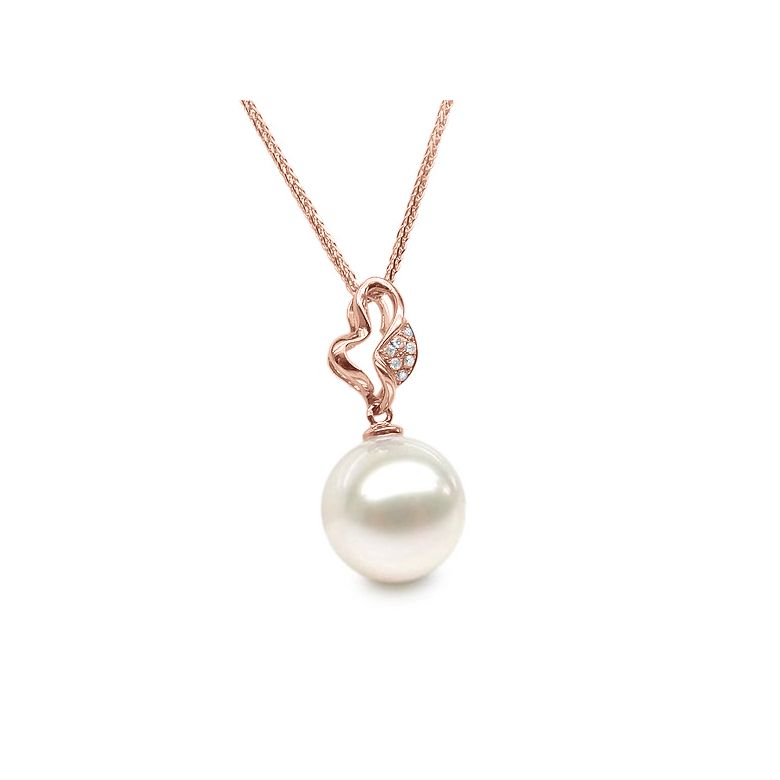 Pendentif jeune pousse printanière - Or rose et perle - 7 diamants - 2