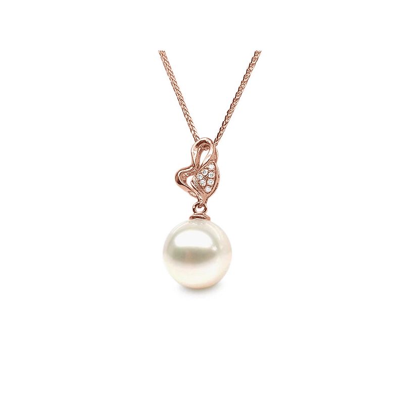 Pendentif jeune pousse printanière - Or rose et perle - 7 diamants - 3