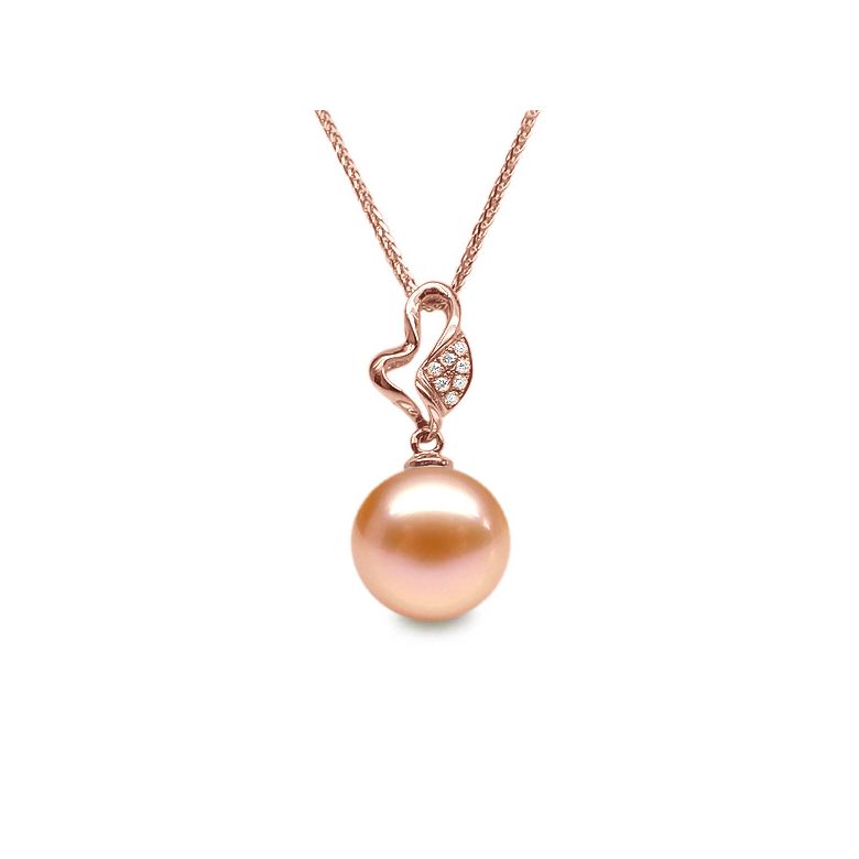 Pendentif jeune pousse printanière - Or rose et perle - 7 diamants - 7