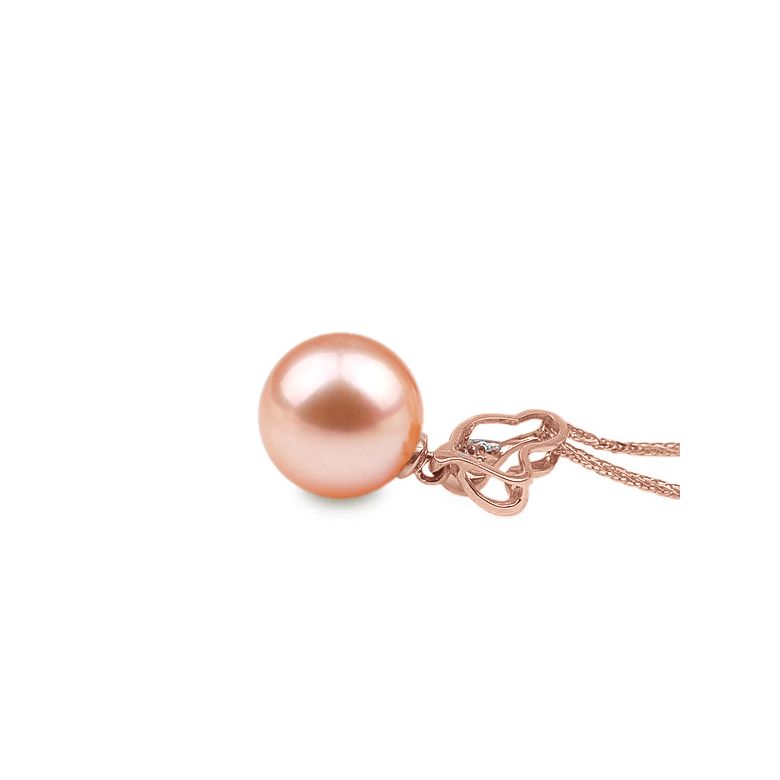 Pendentif jeune pousse printanière - Or rose et perle - 7 diamants - 8