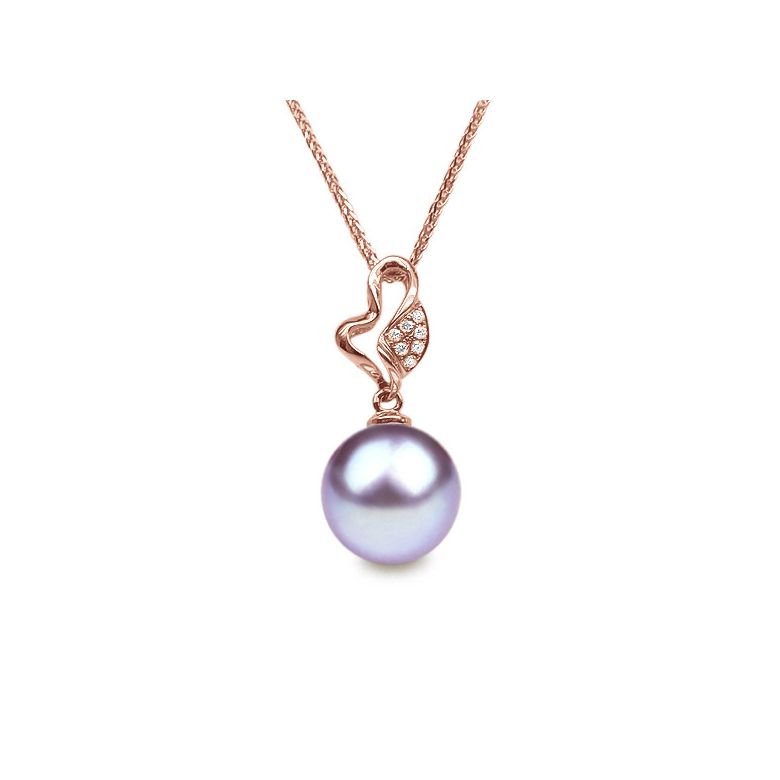 Pendentif jeune pousse printanière - Or rose et perle - 7 diamants - 9