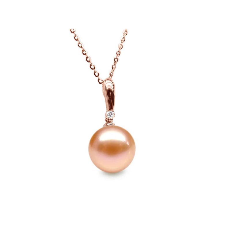 Pendentif Hainan - Tige or rose, diamant demi clos - Perle blanche - 8