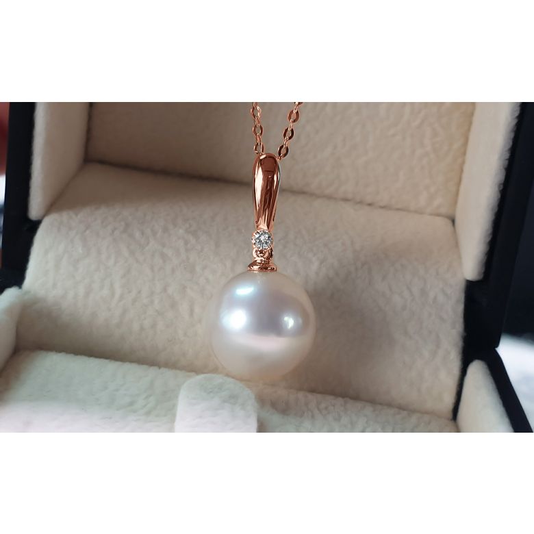 Pendentif Hainan - Tige or rose, diamant demi clos - Perle blanche - 13