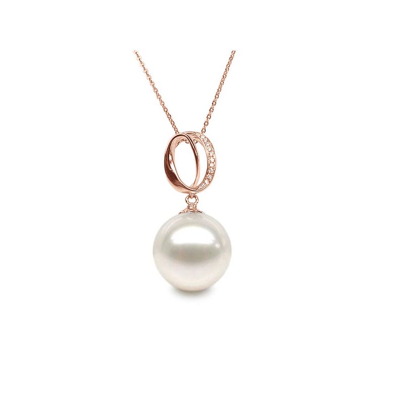 Pendentif O - Bandelette d'or rose enroulée - Perle Chine, diamants - 1