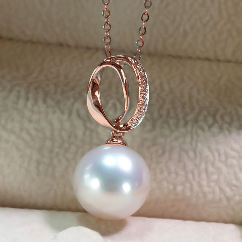Pendentif O - Bandelette d'or rose enroulée - Perle Chine, diamants - 5