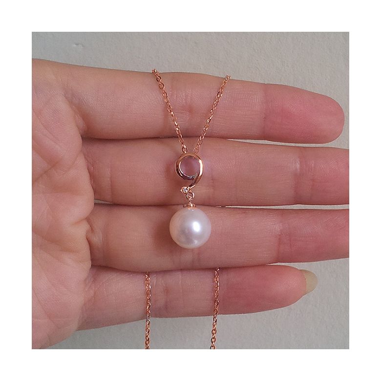 Pendentif chiffre 9 - Perle d'eau douce blanche - Or rose, diamant - 5